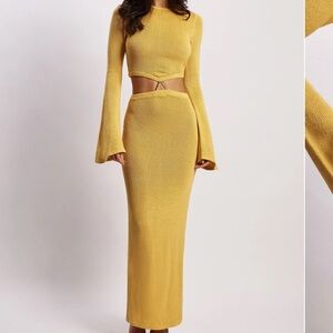 MESHKI Anna Flare Sleeve Knit Dress - Yellow. Size small